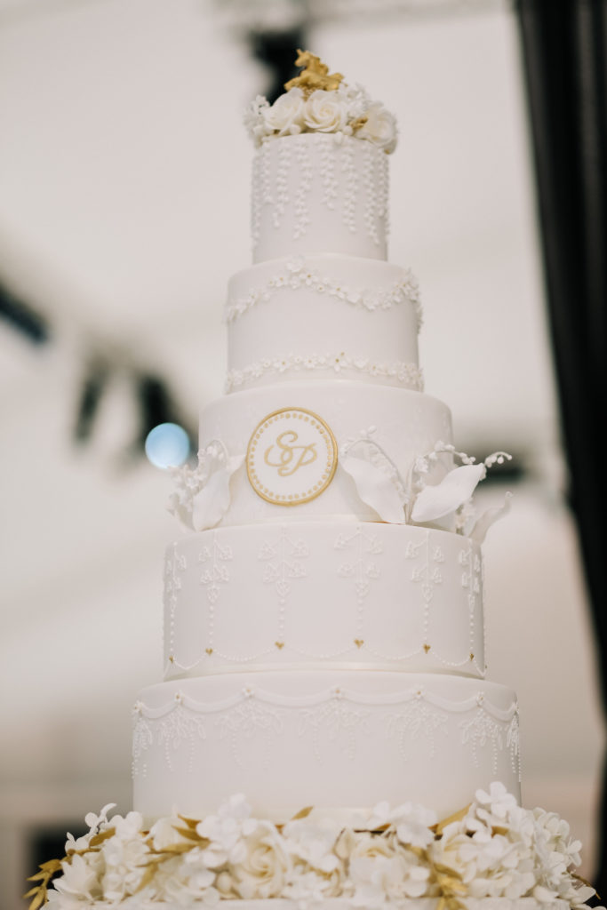 White gold wedding cake royal inspiration