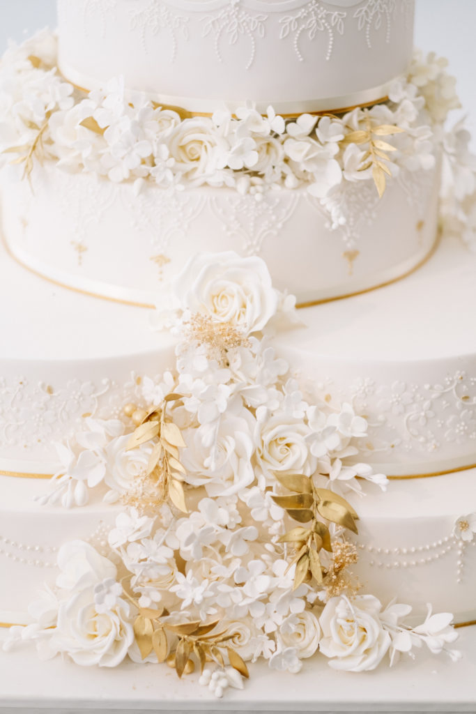 White gold wedding cake royal inspiration sugar flowers